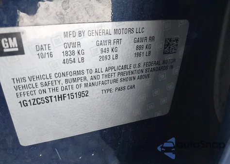 2017 Chevrolet Malibu 1Fl из США, поврежденный, VIN 1G1ZC5ST1HF151952